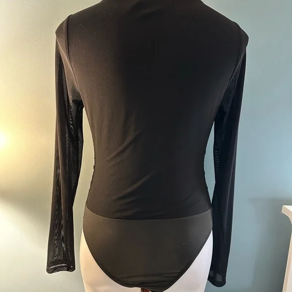 Lulu's Black Wrap Ruched Long Sleeve Bodysuit Large - Picture 3 of 7